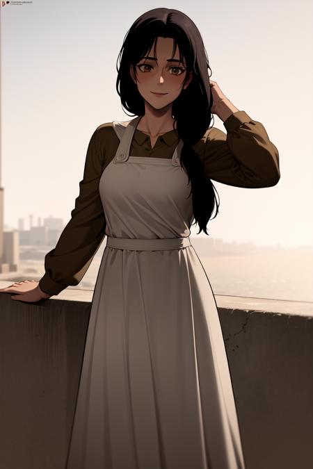 2494108-778588107-masterpiece, best quality, absurdres, perfect anatomy, 1girl, solo, Carla Yeager, long hair, hair over shoulder, apron, long ski.png